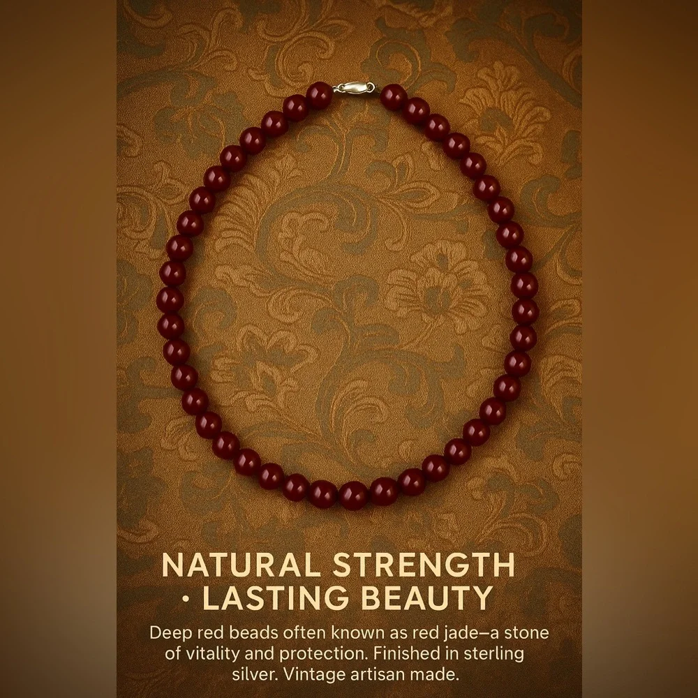RARE!!! Artisan Red Jade or Carnelian Bead Necklace | Sterling Clasp | Vintage - Picture 1 of 12